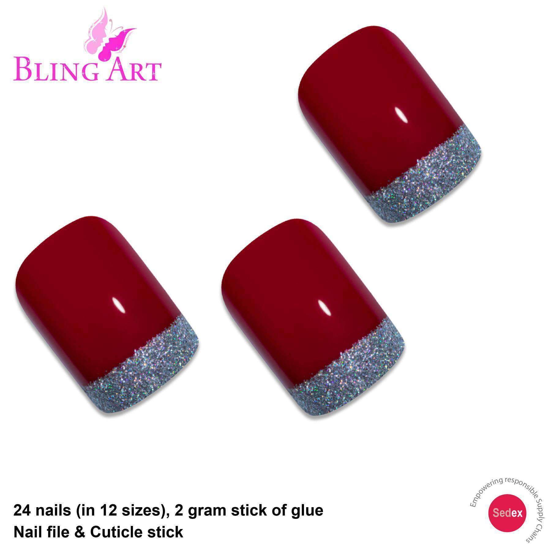 Bling Art Red Silver French Manicure fake nails set with 24 medium tips, glue, nail file, and cuticle stick.