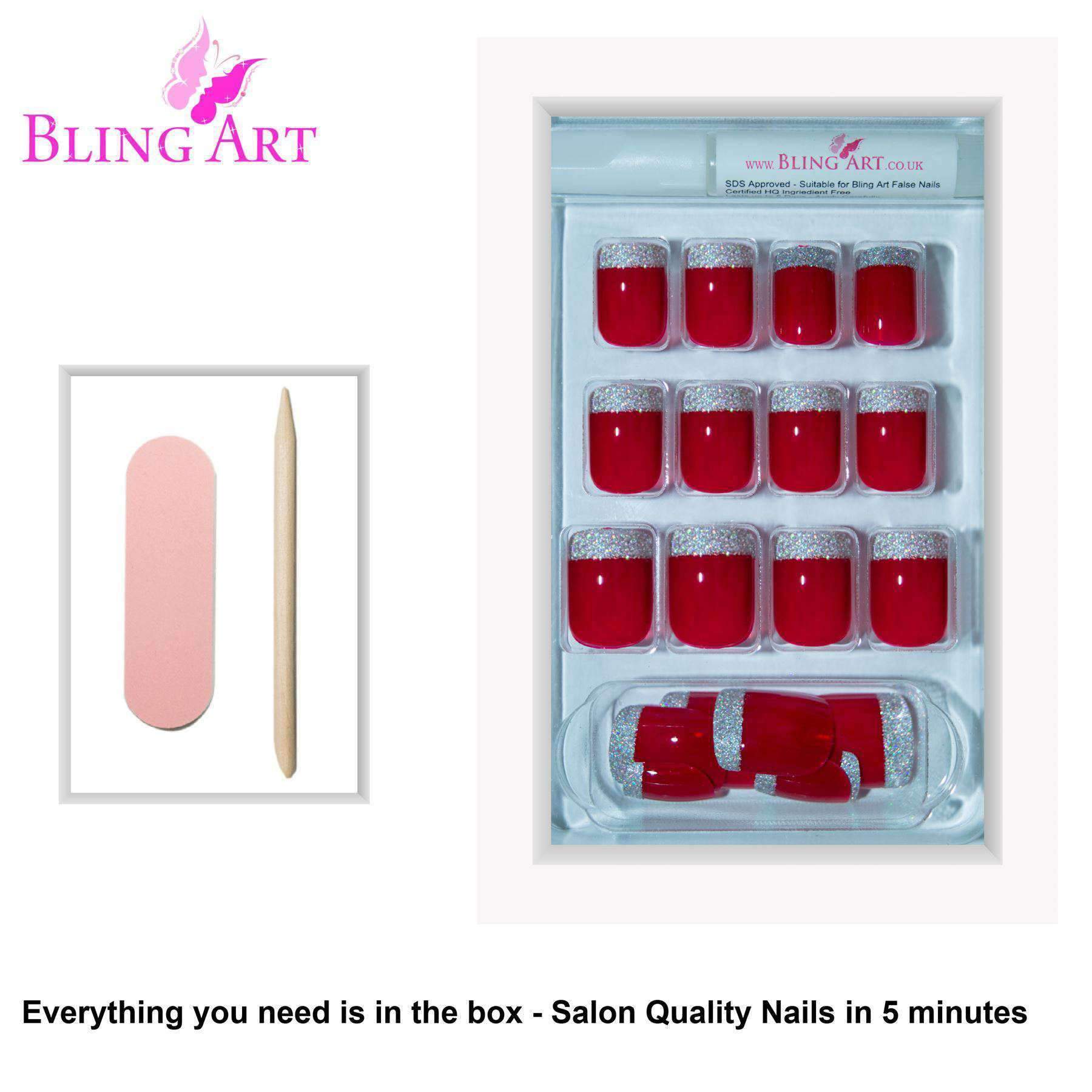 Bling Art Red Silver French Manicure fake nails set with 24 medium tips, glue, nail file, and cuticle stick.