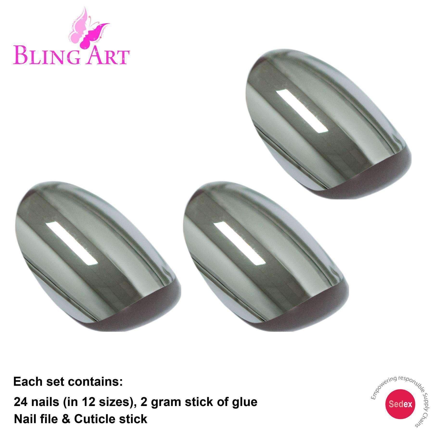 Bling Art Silver Chrome Metallic Oval Medium Fake Nails displayed with glue, nail file, and cuticle stick.