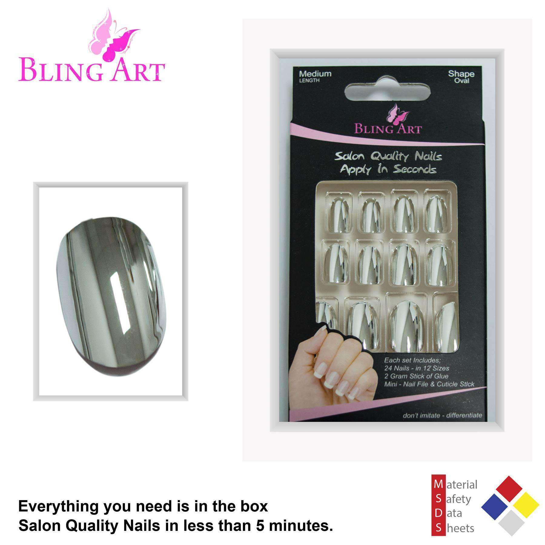 Bling Art Silver Chrome Metallic Oval Medium Fake Nails displayed with glue, nail file, and cuticle stick.