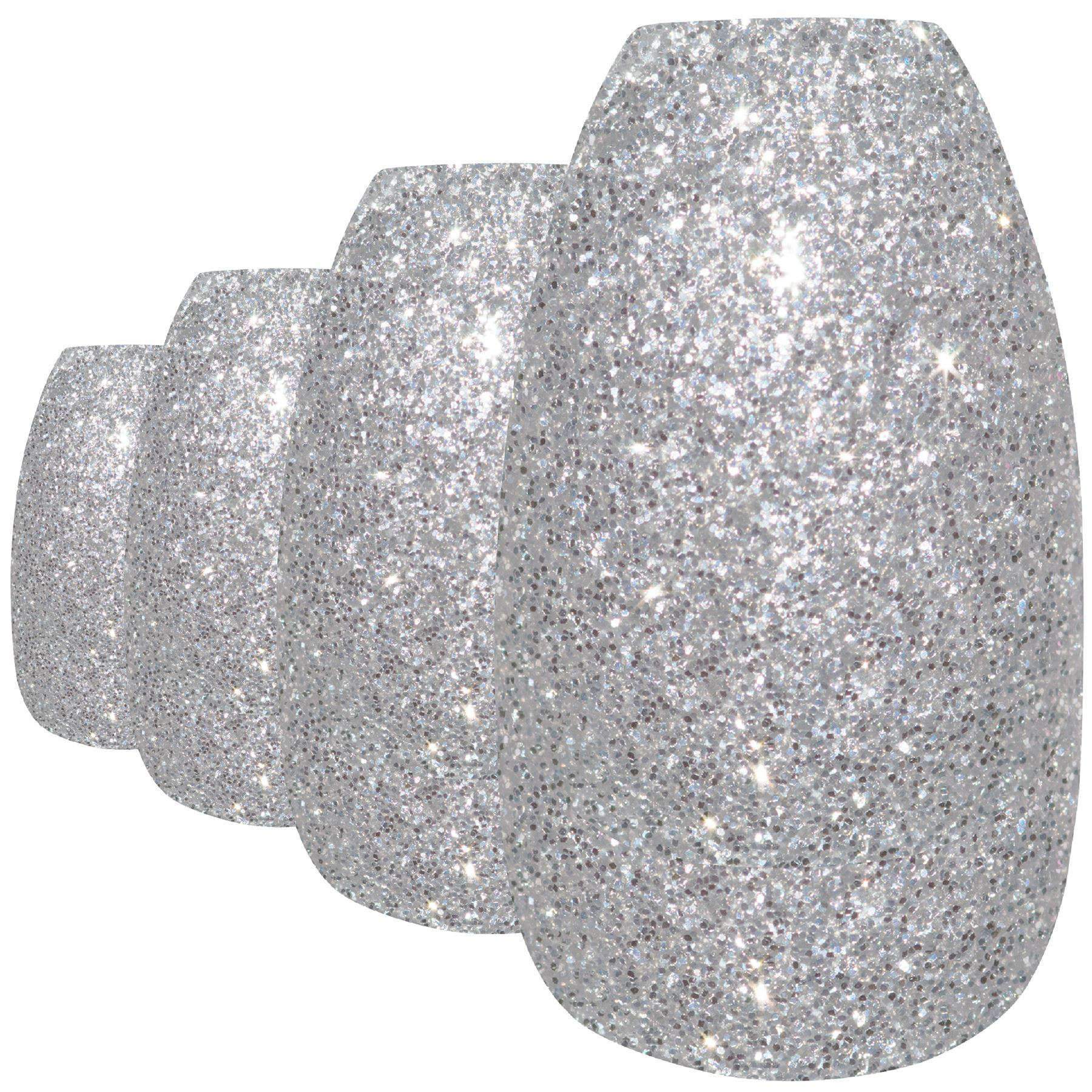 Bling Art Silver Gel Ballerina Coffin nails set with 24 fake acrylic tips, glue, nail file, and cuticle stick, showcasing a sparkling silver design.