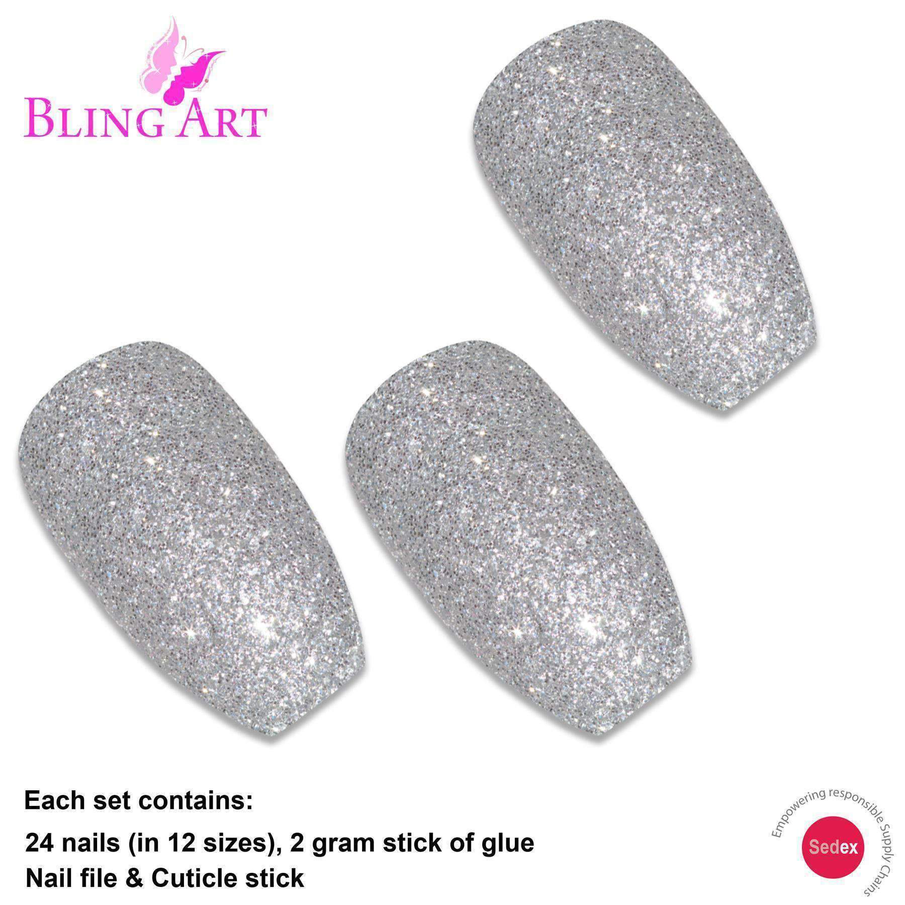 Bling Art Silver Gel Ballerina Coffin nails set with 24 fake acrylic tips, glue, nail file, and cuticle stick, showcasing a sparkling silver design.