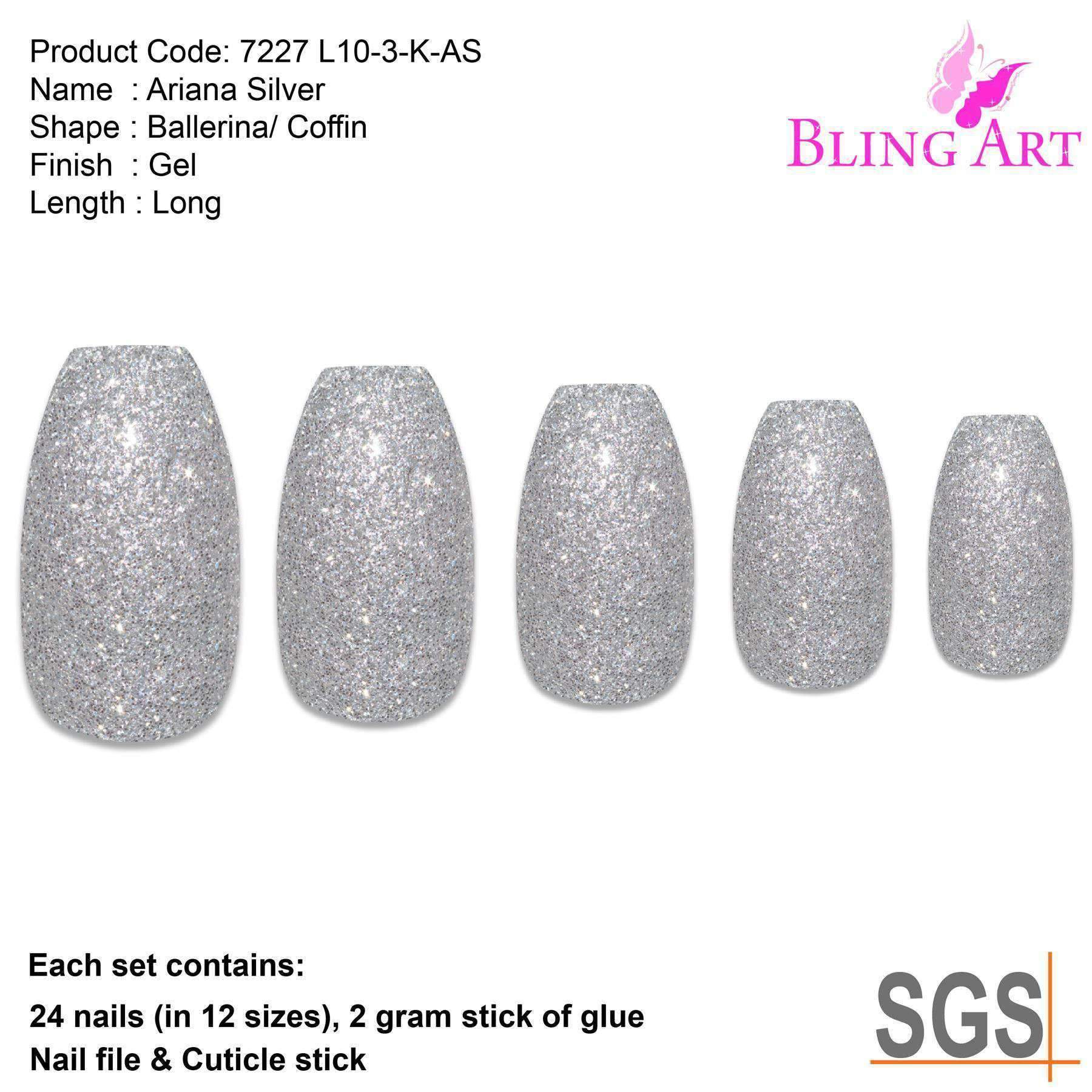 Bling Art Silver Gel Ballerina Coffin nails set with 24 fake acrylic tips, glue, nail file, and cuticle stick, showcasing a sparkling silver design.