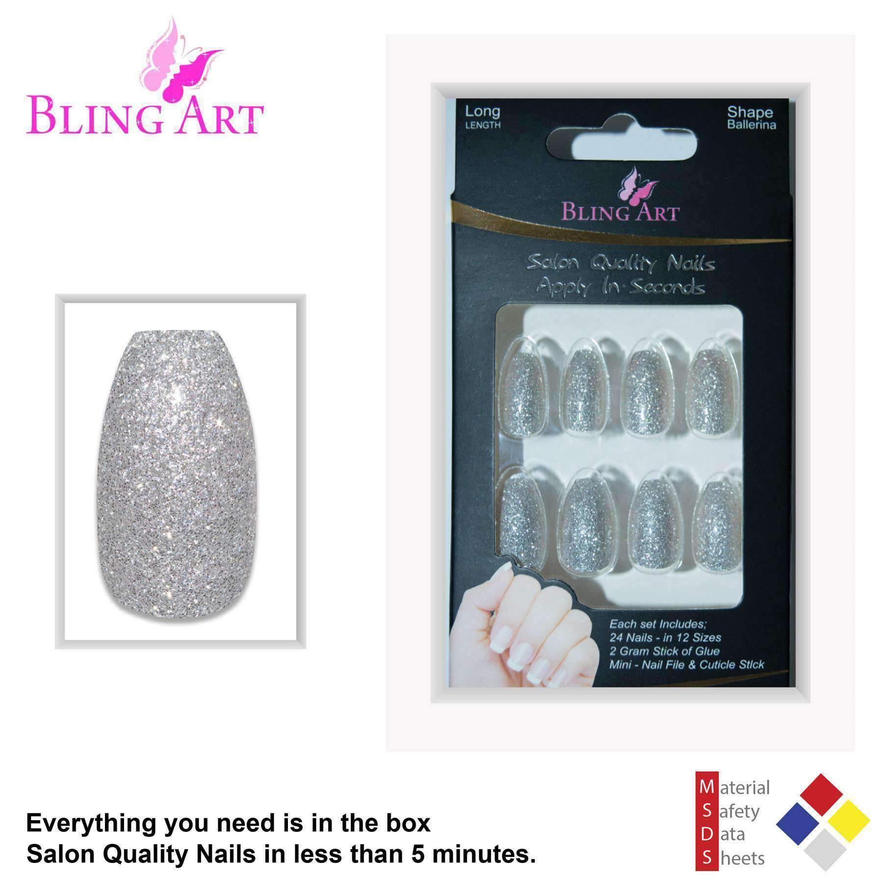 Bling Art Silver Gel Ballerina Coffin nails set with 24 fake acrylic tips, glue, nail file, and cuticle stick, showcasing a sparkling silver design.