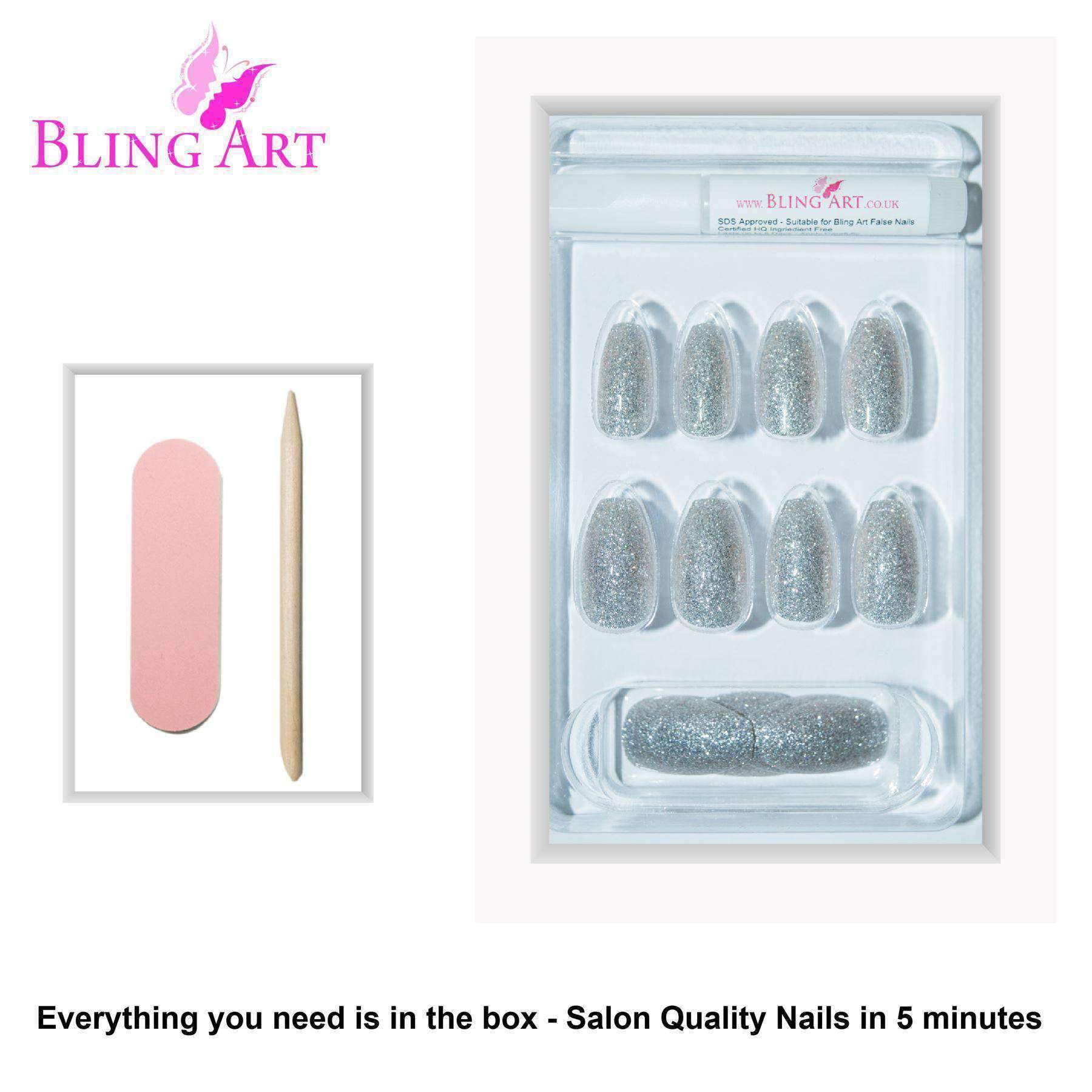 Bling Art Silver Gel Ballerina Coffin nails set with 24 fake acrylic tips, glue, nail file, and cuticle stick, showcasing a sparkling silver design.