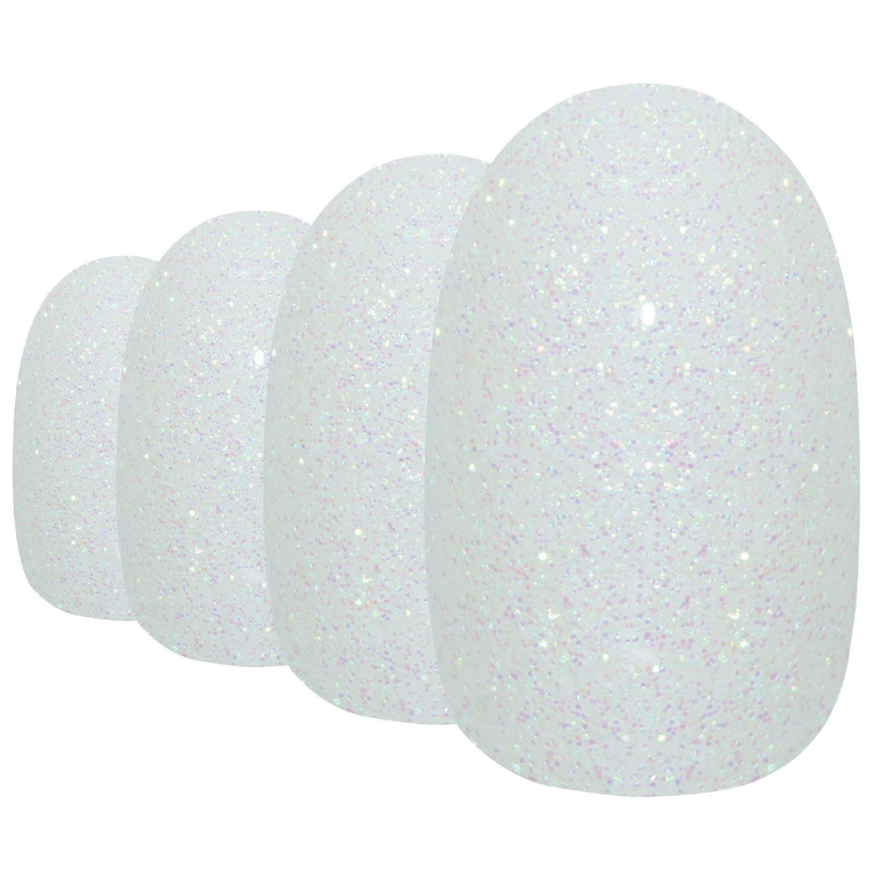 Bling Art White Gel Oval Medium Fake Acrylic Nails set with 24 tips, glue, nail file, and cuticle stick, showcasing a chic pearl white finish.