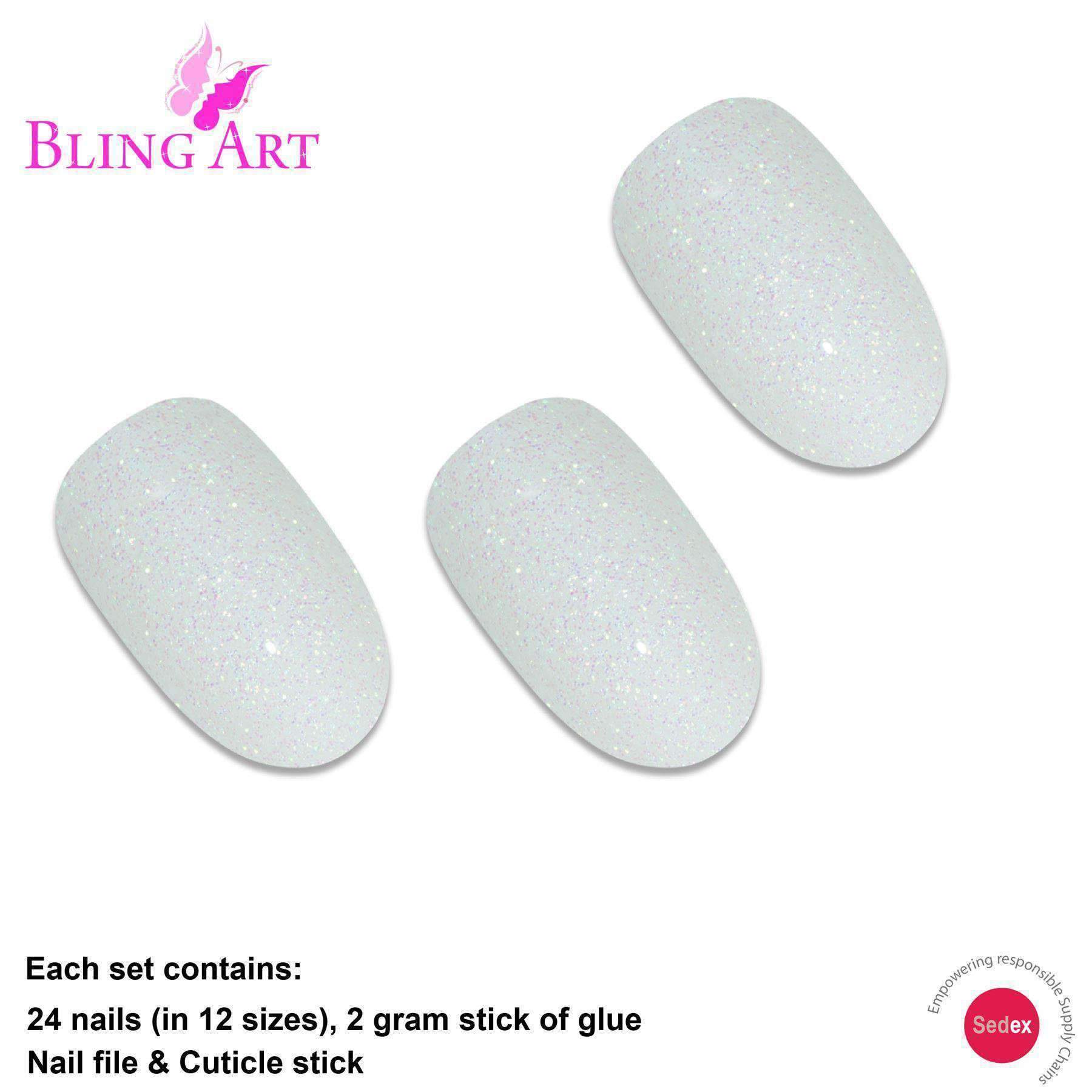 Bling Art White Gel Oval Medium Fake Acrylic Nails set with 24 tips, glue, nail file, and cuticle stick, showcasing a chic pearl white finish.