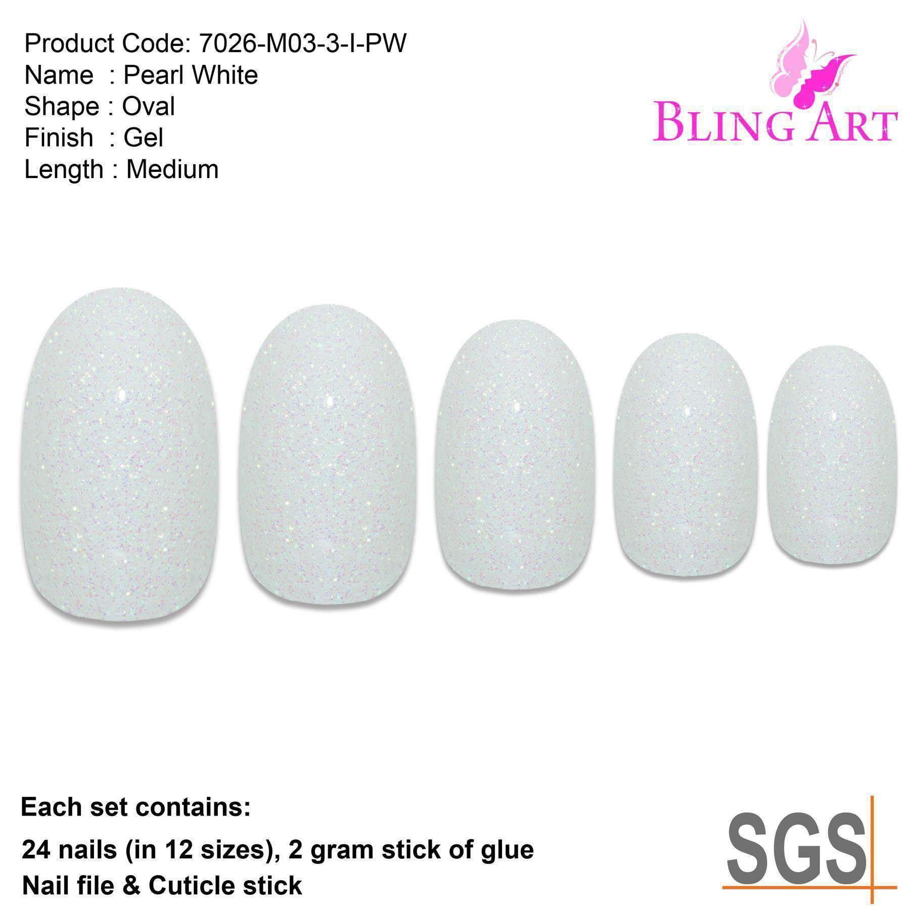 Bling Art White Gel Oval Medium Fake Acrylic Nails set with 24 tips, glue, nail file, and cuticle stick, showcasing a chic pearl white finish.