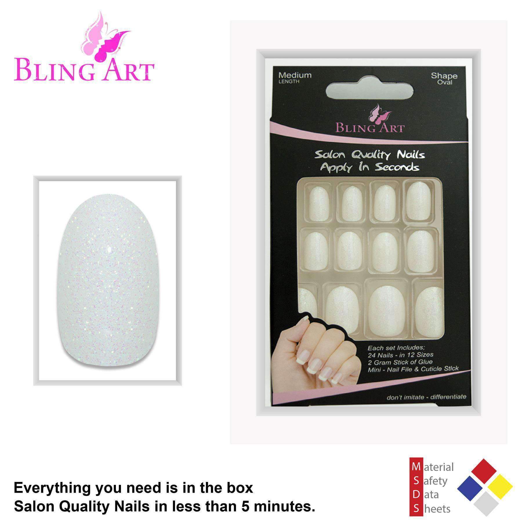Bling Art White Gel Oval Medium Fake Acrylic Nails set with 24 tips, glue, nail file, and cuticle stick, showcasing a chic pearl white finish.