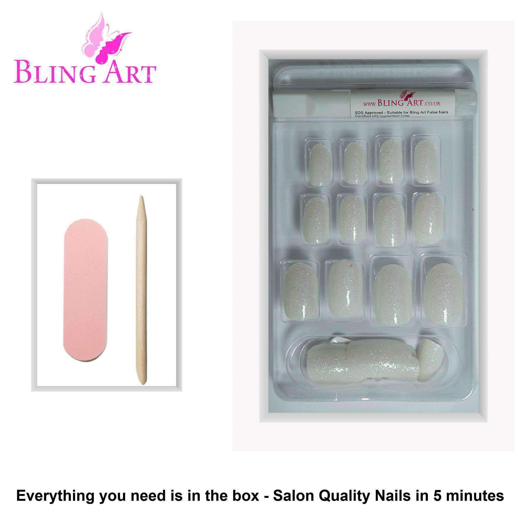 Bling Art White Gel Oval Medium Fake Acrylic Nails set with 24 tips, glue, nail file, and cuticle stick, showcasing a chic pearl white finish.
