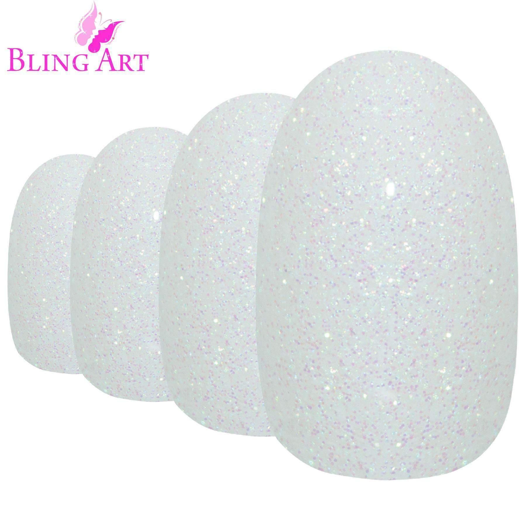 Bling Art White Gel Oval Medium Fake Acrylic Nails set with 24 tips, glue, nail file, and cuticle stick, showcasing a chic pearl white finish.