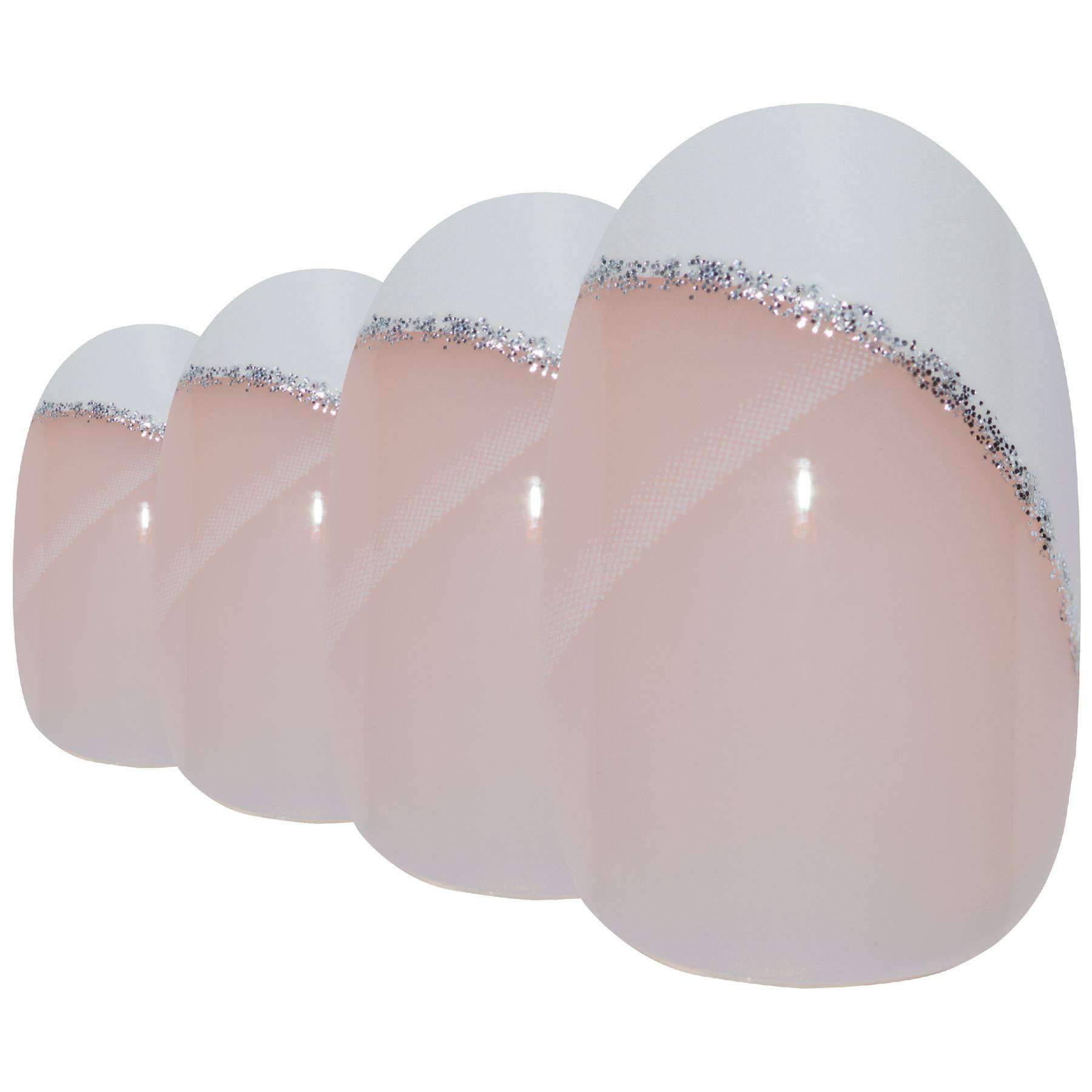 Bling Art White Polished Oval Medium Fake Nails set with 24 acrylic tips, glue, nail file, and cuticle stick, showcasing a glossy finish and glitter.