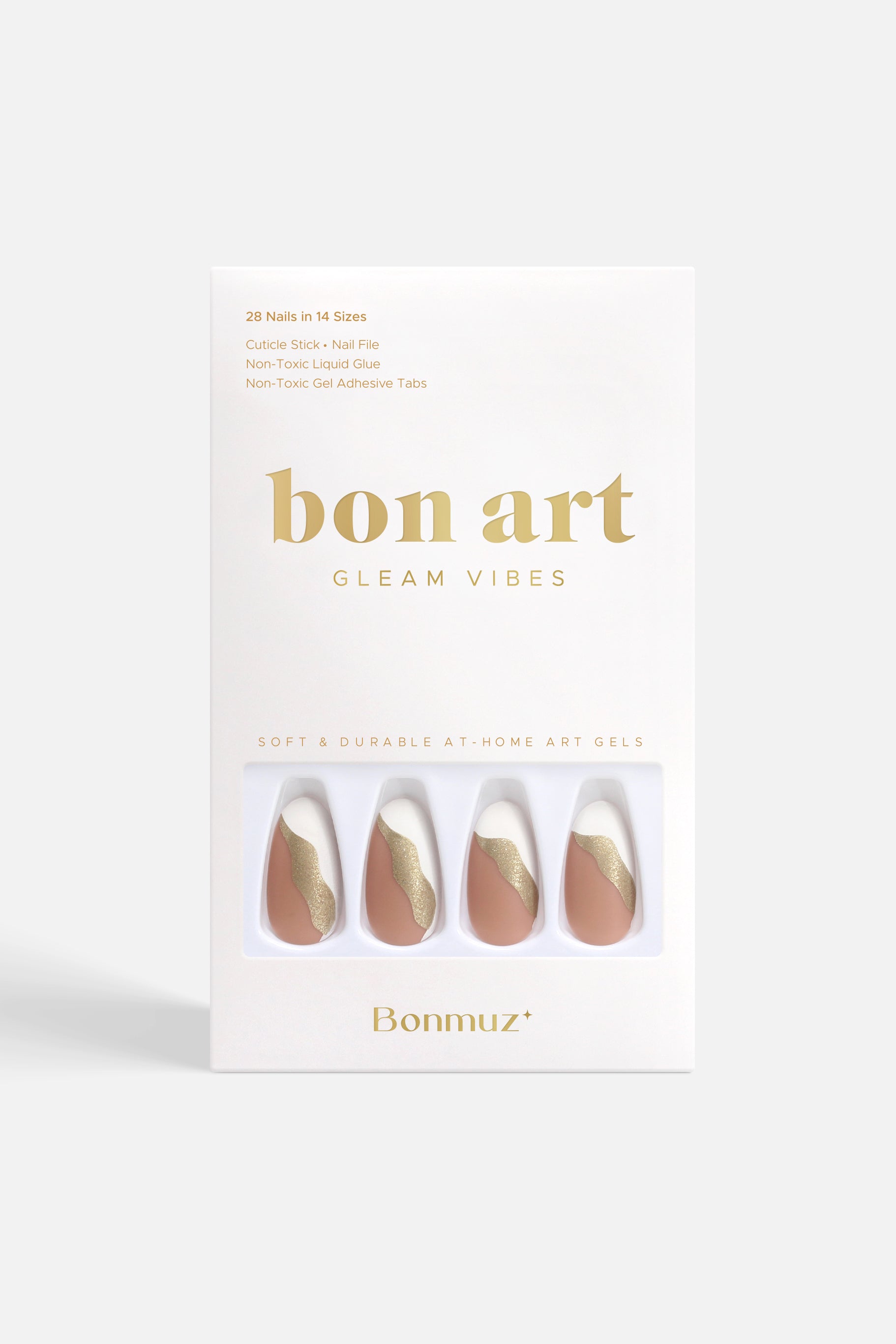 First Kiss press-on nails featuring gold glitter on a luxurious matte finish, elegantly displayed in a set.