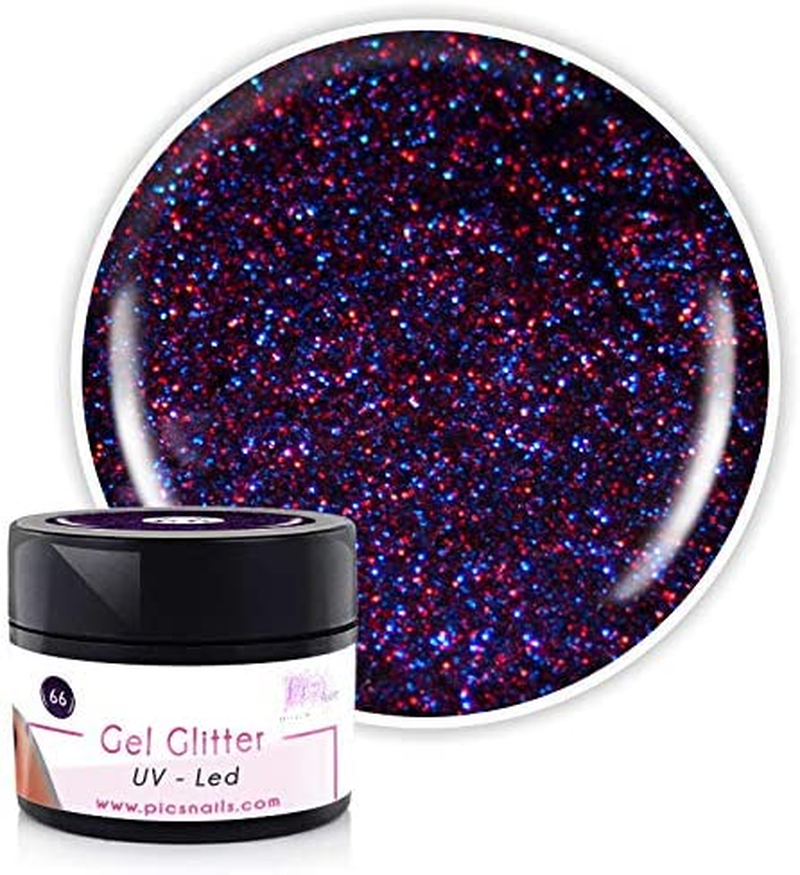 Gel Glitter UV/LED Multicolor 66 in a 5 ml jar, showcasing vibrant glitter colors perfect for nail art.