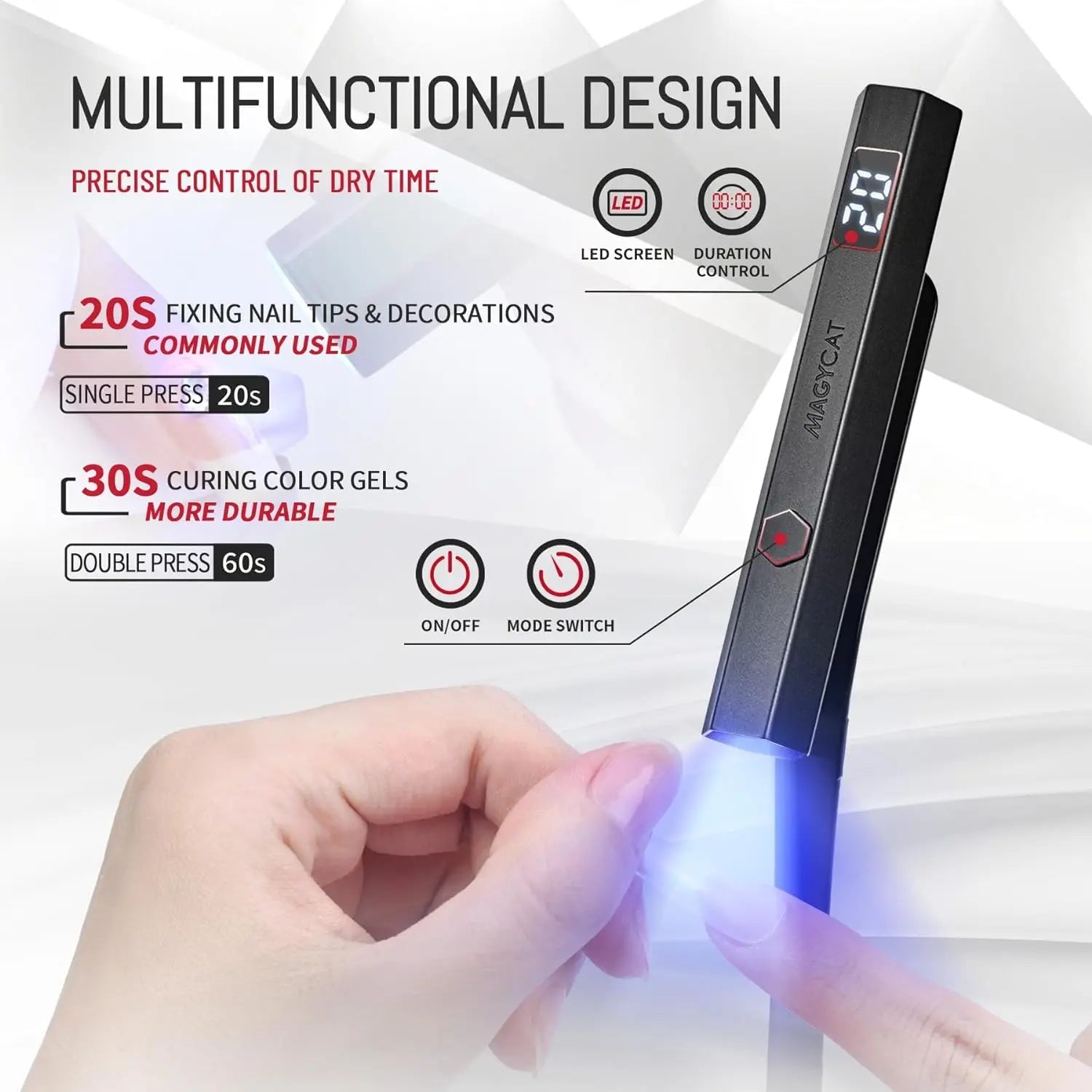 A compact handheld nail dryer gel lamp with a flexible design, USB powered, and dual timer settings for quick nail drying.