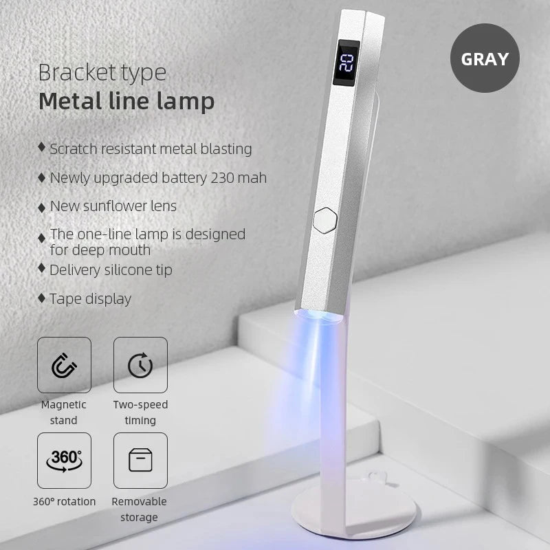 A compact handheld nail dryer gel lamp with a flexible design, USB powered, and dual timer settings for quick nail drying.