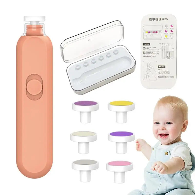 Electric nail trimmer for kids with light, featuring a 360-degree rotating head and six replaceable grinding heads, designed for safe and quiet nail care.