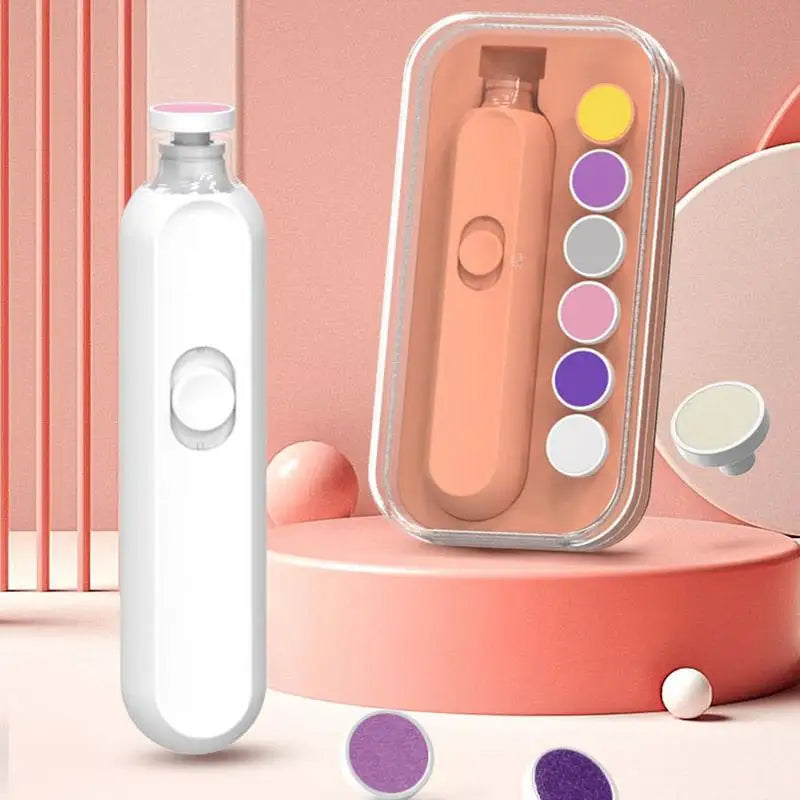 Electric nail trimmer for kids with light, featuring a 360-degree rotating head and six replaceable grinding heads, designed for safe and quiet nail care.