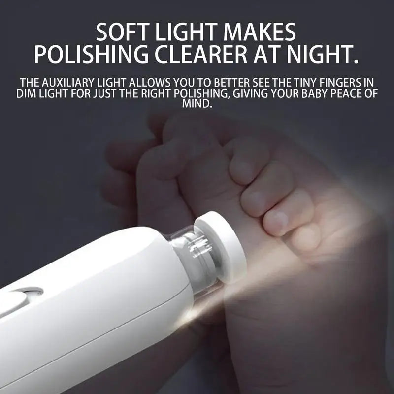 Electric nail trimmer for kids with light, featuring a 360-degree rotating head and six replaceable grinding heads, designed for safe and quiet nail care.