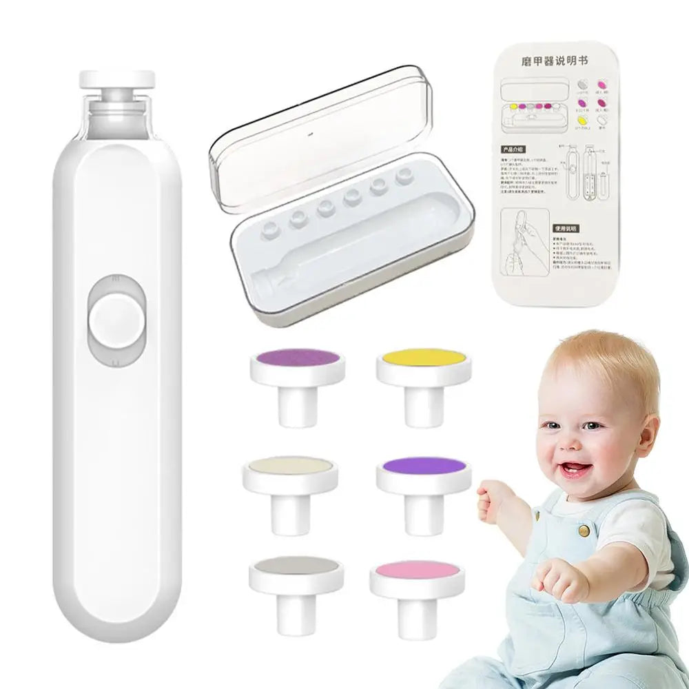 Electric nail trimmer for kids with light, featuring a 360-degree rotating head and six replaceable grinding heads, designed for safe and quiet nail care.