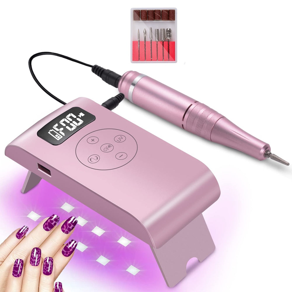 New Rechargeable Electric Cordless Nail Drill Machine with UV light, showcasing its sleek design and multiple drill bits.