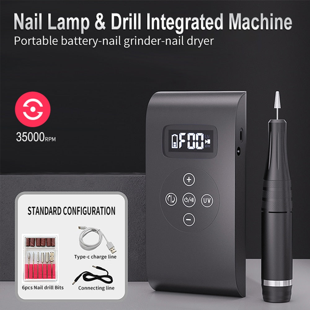 New Rechargeable Electric Cordless Nail Drill Machine with UV light, showcasing its sleek design and multiple drill bits.
