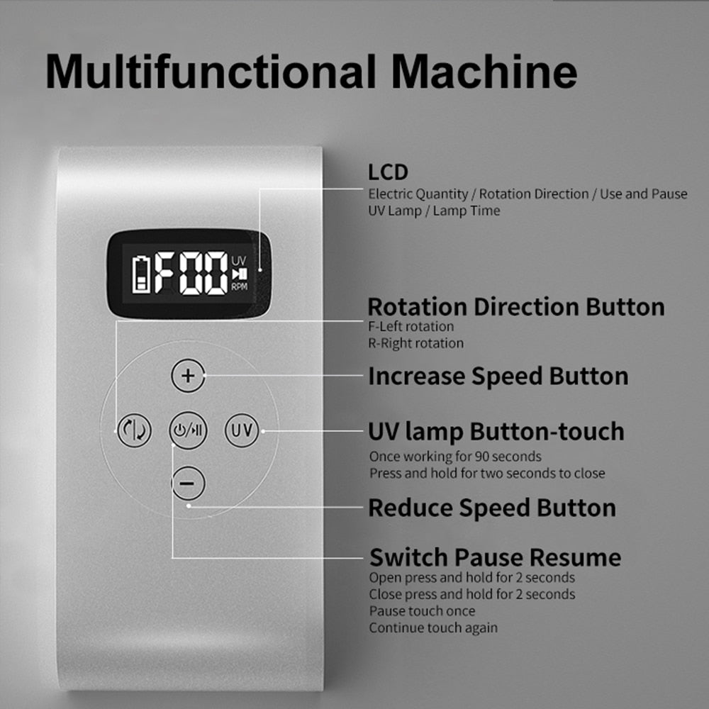 New Rechargeable Electric Cordless Nail Drill Machine with UV light, showcasing its sleek design and multiple drill bits.