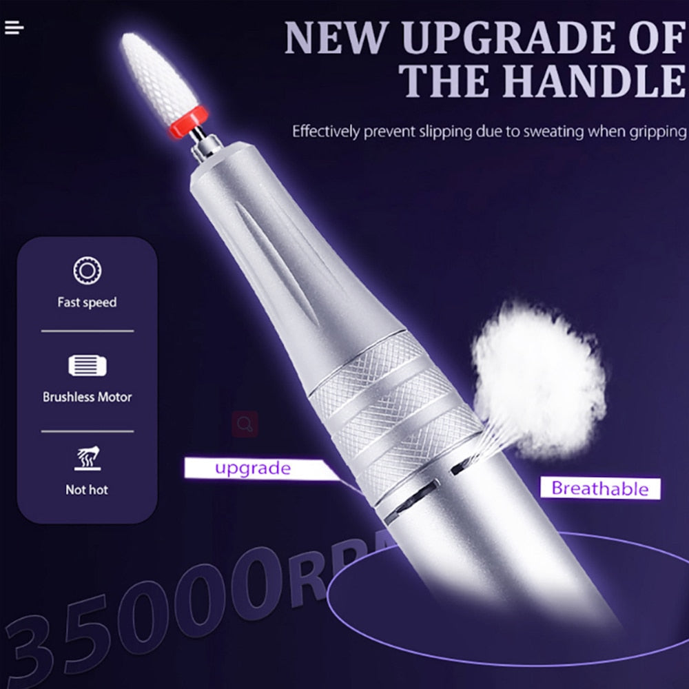 New Rechargeable Electric Cordless Nail Drill Machine with UV light, showcasing its sleek design and multiple drill bits.