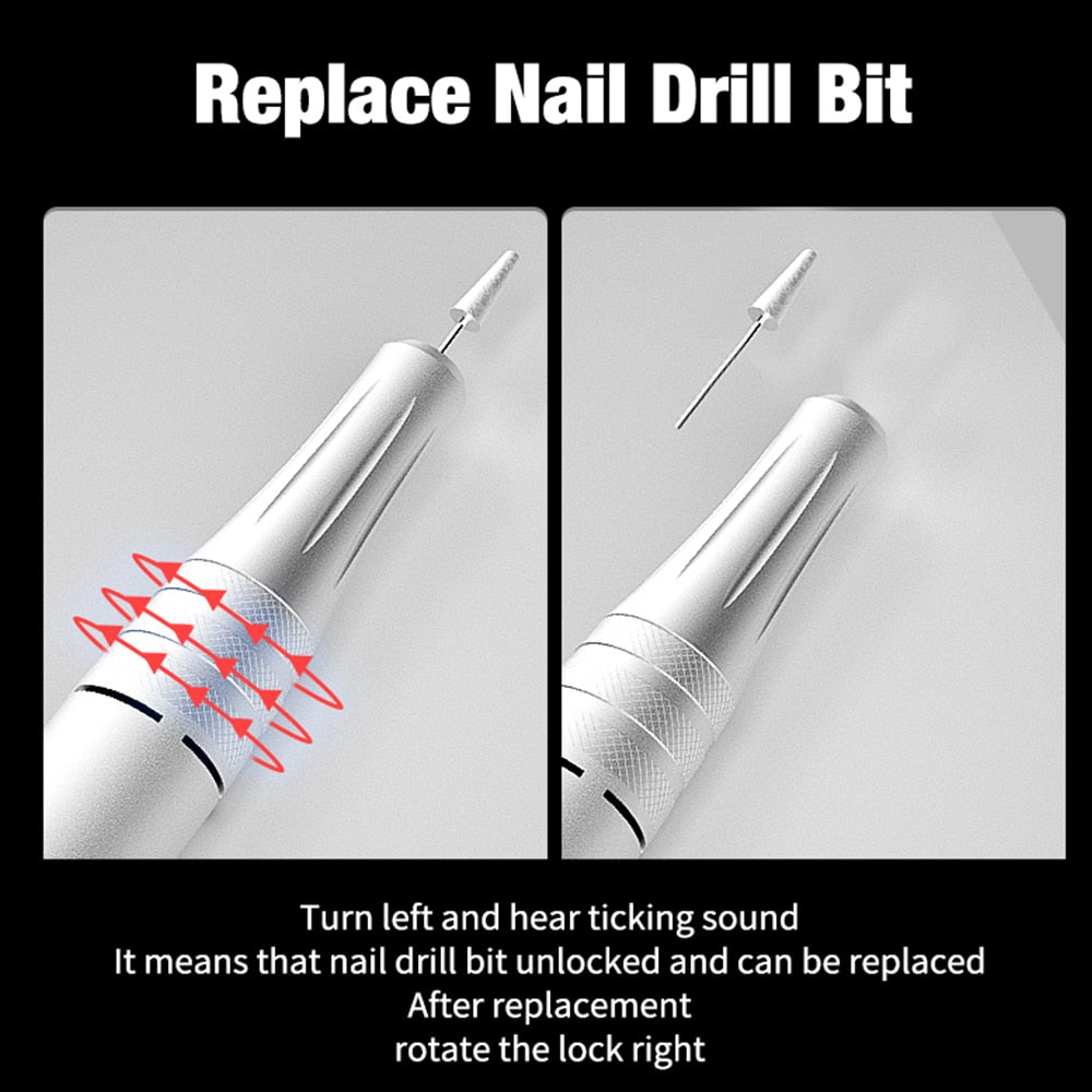 New Rechargeable Electric Cordless Nail Drill Machine with UV light, showcasing its sleek design and multiple drill bits.