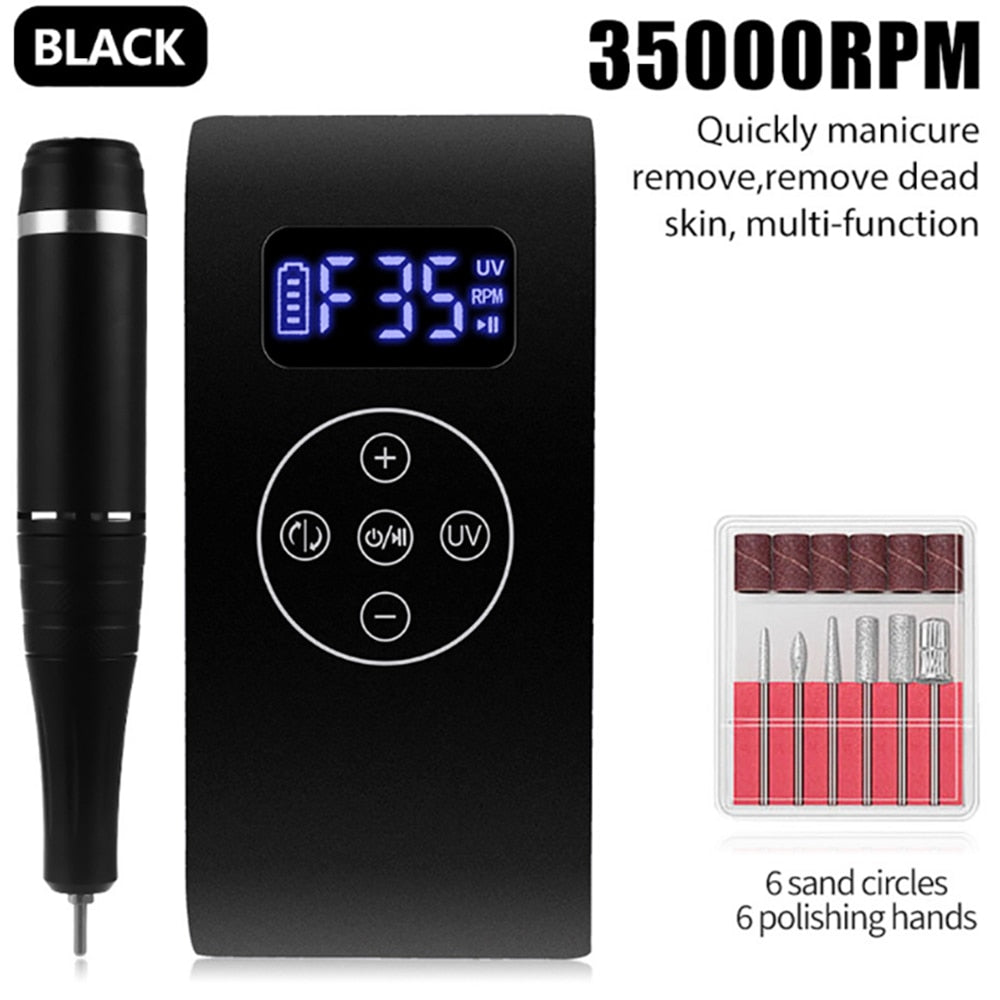 New Rechargeable Electric Cordless Nail Drill Machine with UV light, showcasing its sleek design and multiple drill bits.