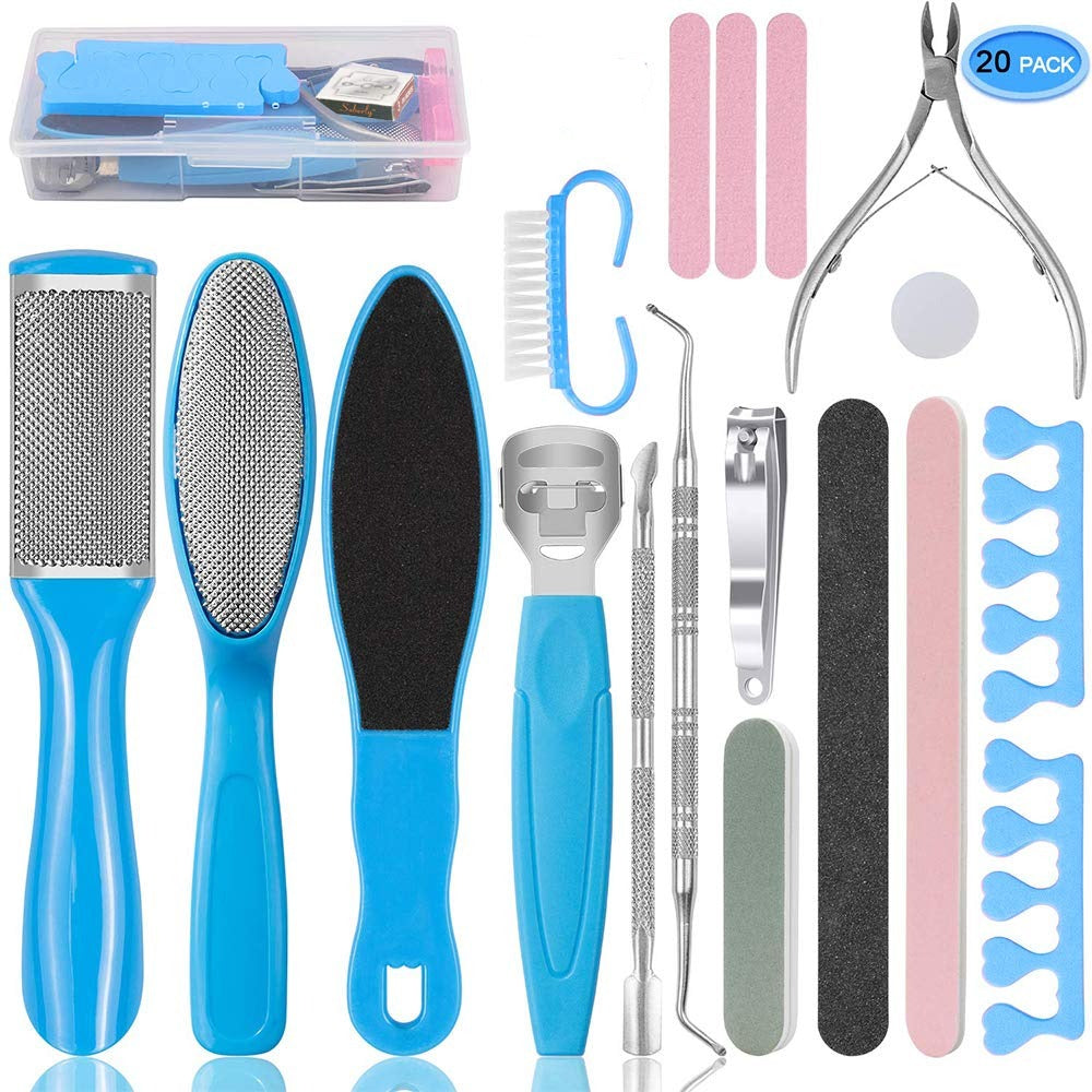 20 in 1 Blue Stainless Steel Professional Pedicure Kit with various tools for foot care, including clippers, files, and a storage box.