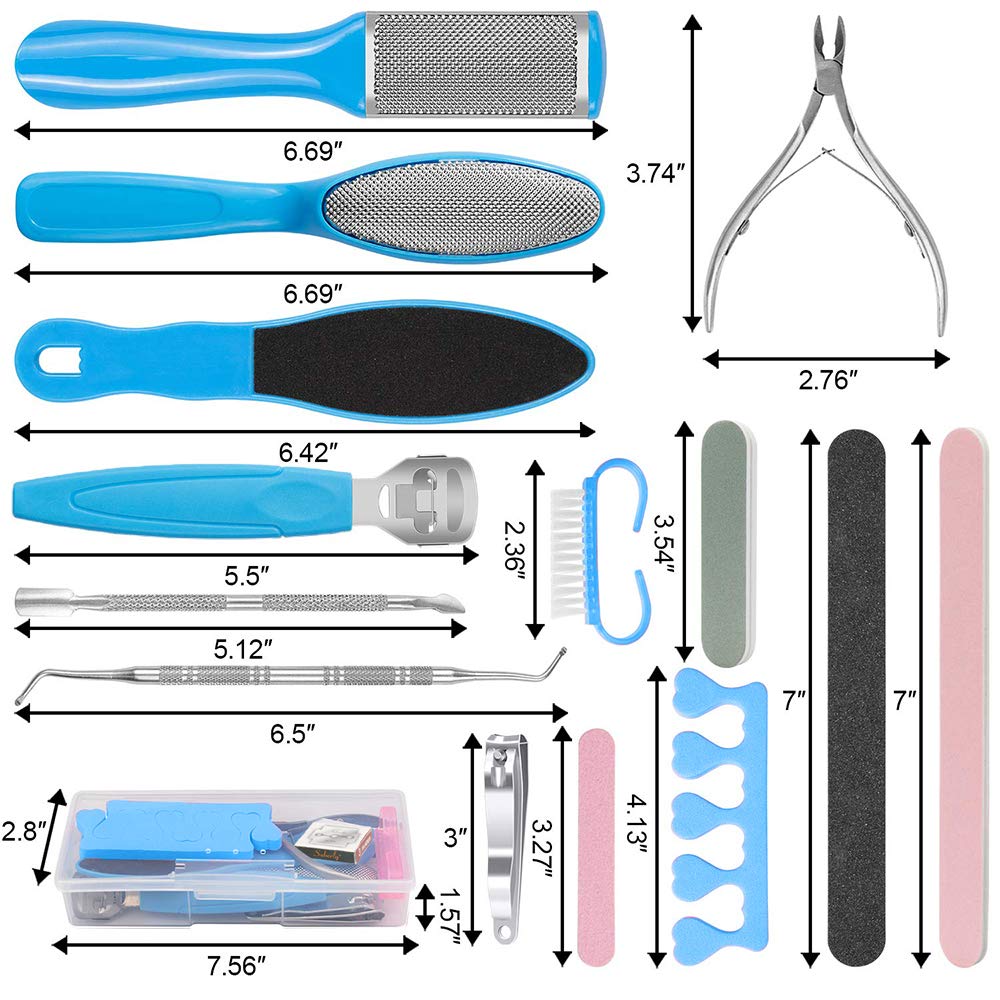 20 in 1 Blue Stainless Steel Professional Pedicure Kit with various tools for foot care, including clippers, files, and a storage box.