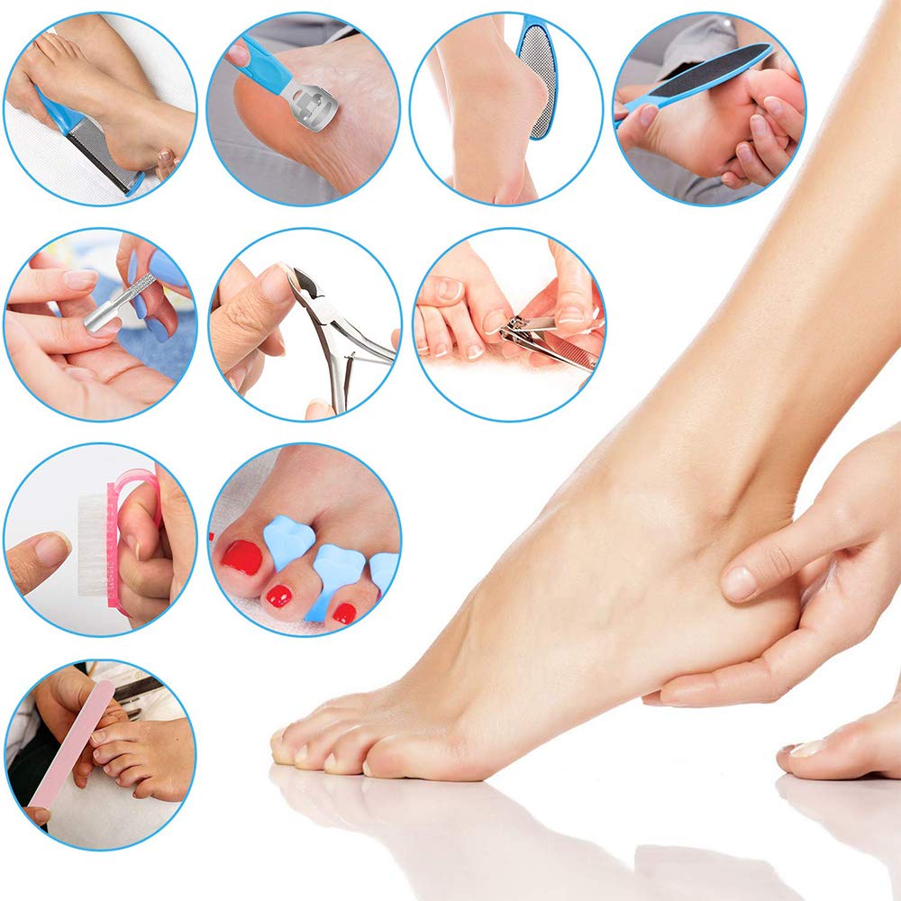 20 in 1 Blue Stainless Steel Professional Pedicure Kit with various tools for foot care, including clippers, files, and a storage box.