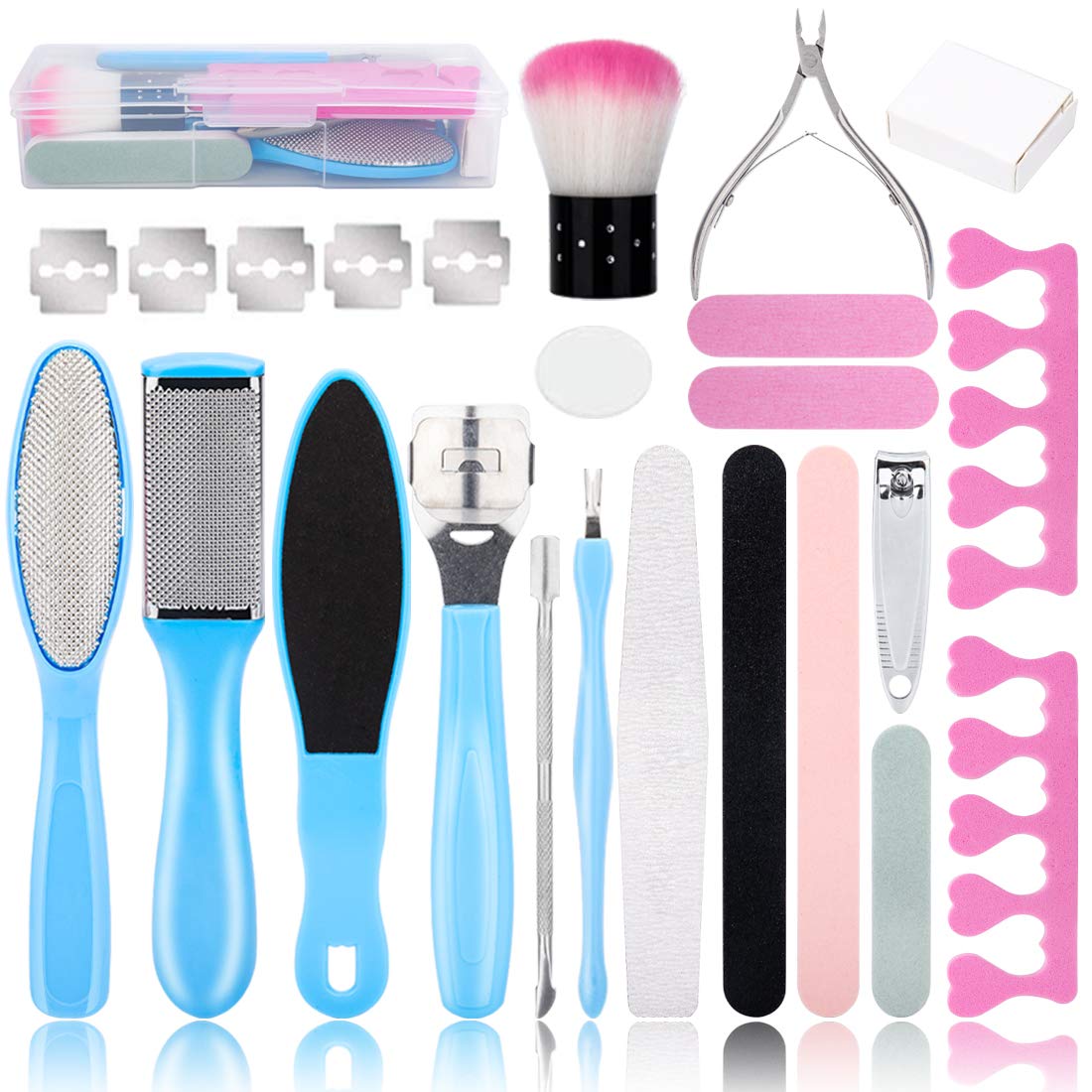 20 in 1 Professional Pedicure Kit featuring various stainless steel tools for foot care and maintenance, neatly organized in a portable storage box.