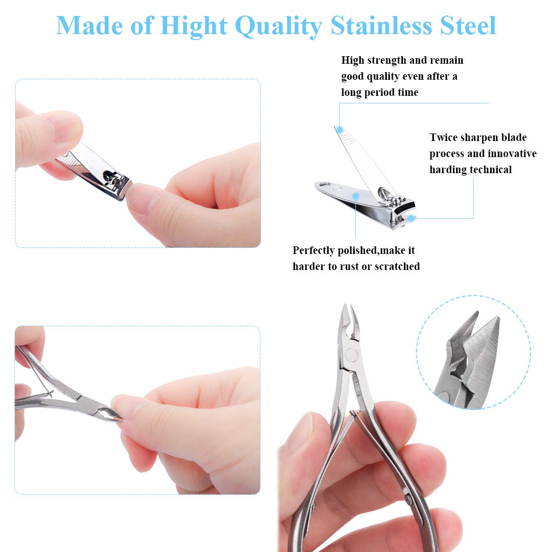 20 in 1 Professional Pedicure Kit featuring various stainless steel tools for foot care and maintenance, neatly organized in a portable storage box.