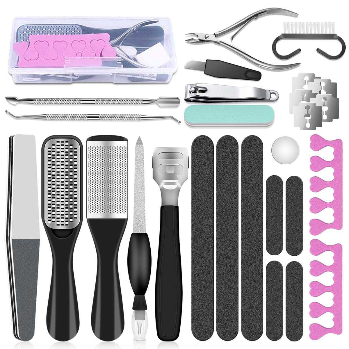 23 in 1 Black Stainless Steel Professional Pedicure Tools Kit with various tools for foot care, including clippers, rasps, and files, neatly arranged in a storage box.