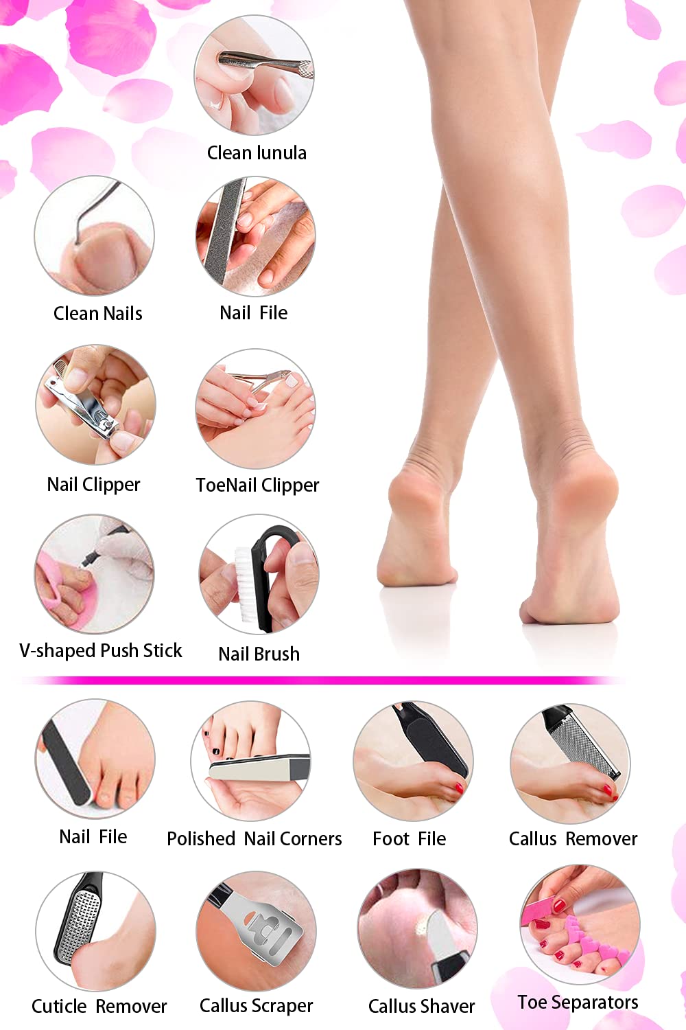 23 in 1 Black Stainless Steel Professional Pedicure Tools Kit with various tools for foot care, including clippers, rasps, and files, neatly arranged in a storage box.