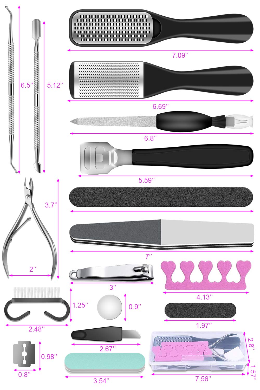 23 in 1 Black Stainless Steel Professional Pedicure Tools Kit with various tools for foot care, including clippers, rasps, and files, neatly arranged in a storage box.