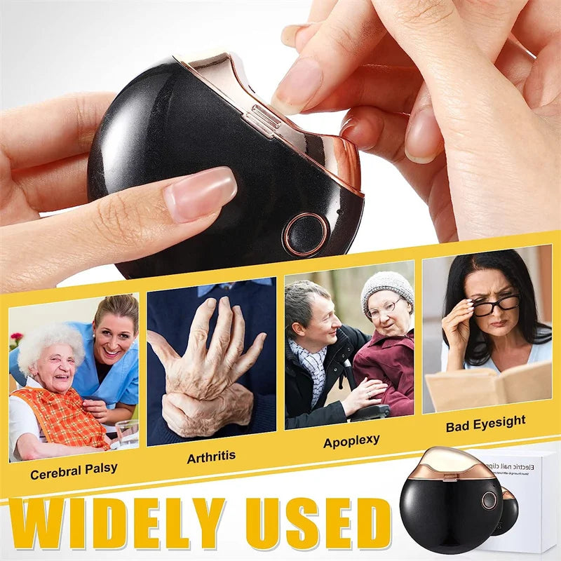 Portable Finger Automatic Nail Clippers in red, white, and black colors, showcasing ergonomic design and built-in debris storage.