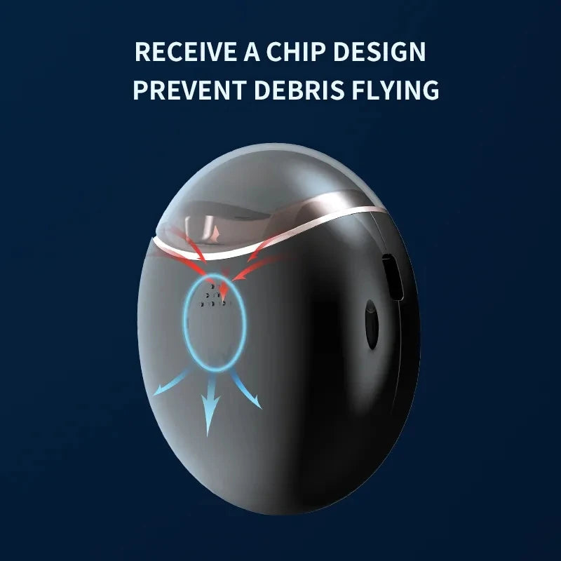 Portable Finger Automatic Nail Clippers in red, white, and black colors, showcasing ergonomic design and built-in debris storage.