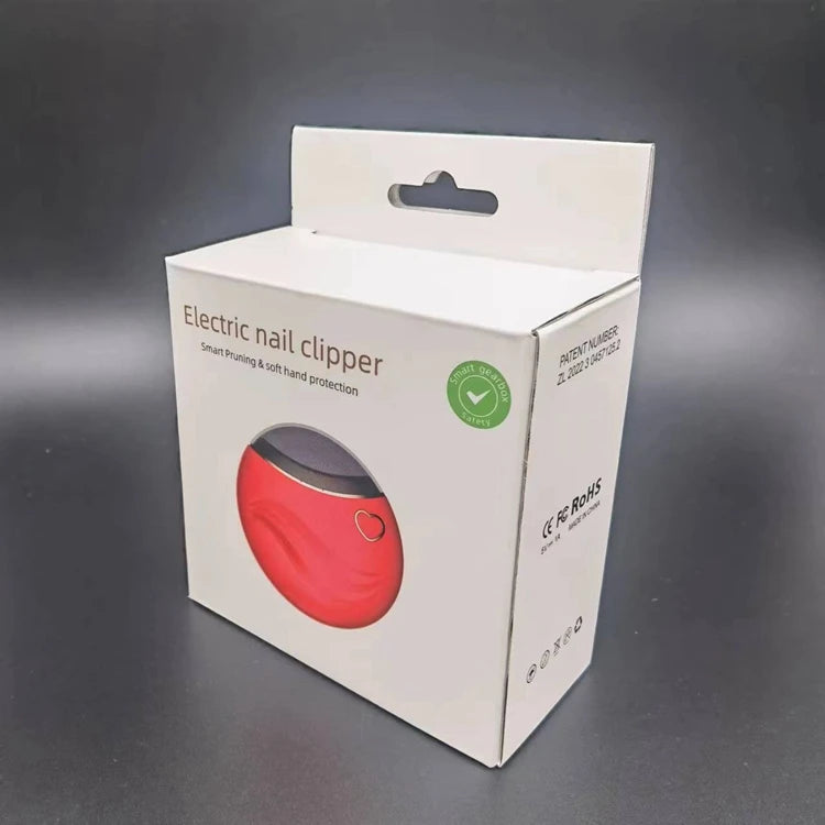 Portable Finger Automatic Nail Clippers in red, white, and black colors, showcasing ergonomic design and built-in debris storage.