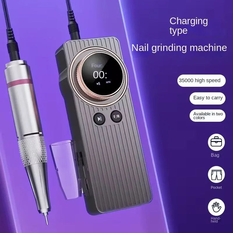 Portable USB Rechargeable 35000RPM Nail Polisher with ergonomic design and LCD screen, ideal for professional nail art.