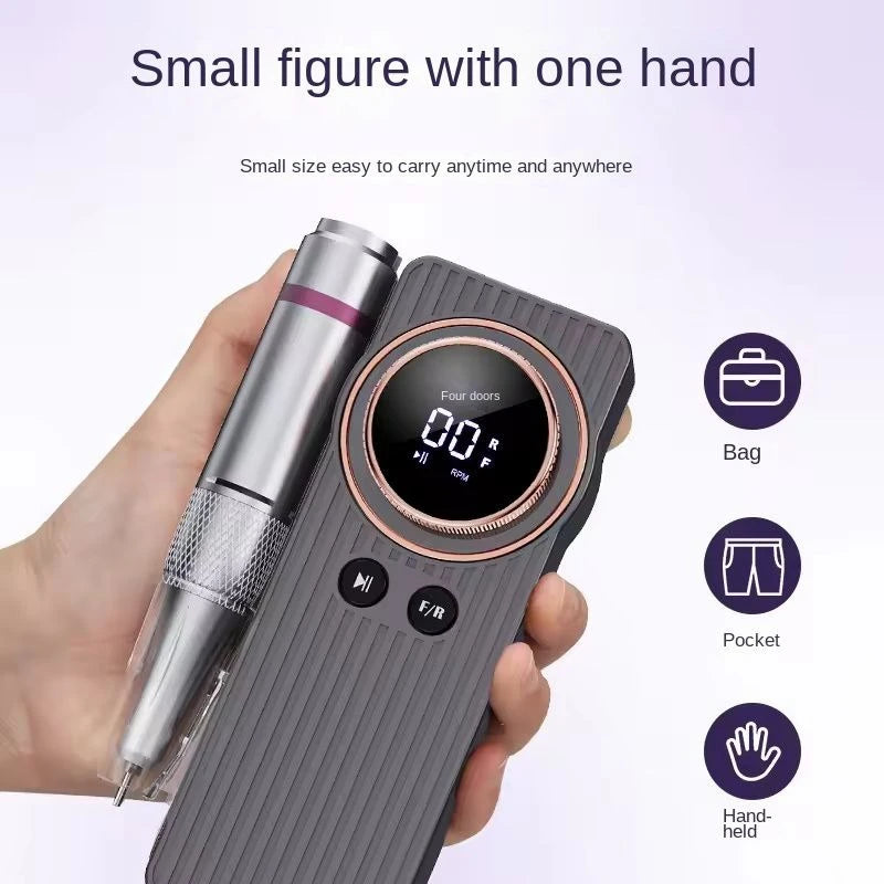 Portable USB Rechargeable 35000RPM Nail Polisher with ergonomic design and LCD screen, ideal for professional nail art.