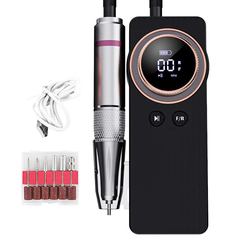 Portable USB Rechargeable 35000RPM Nail Polisher with ergonomic design and LCD screen, ideal for professional nail art.