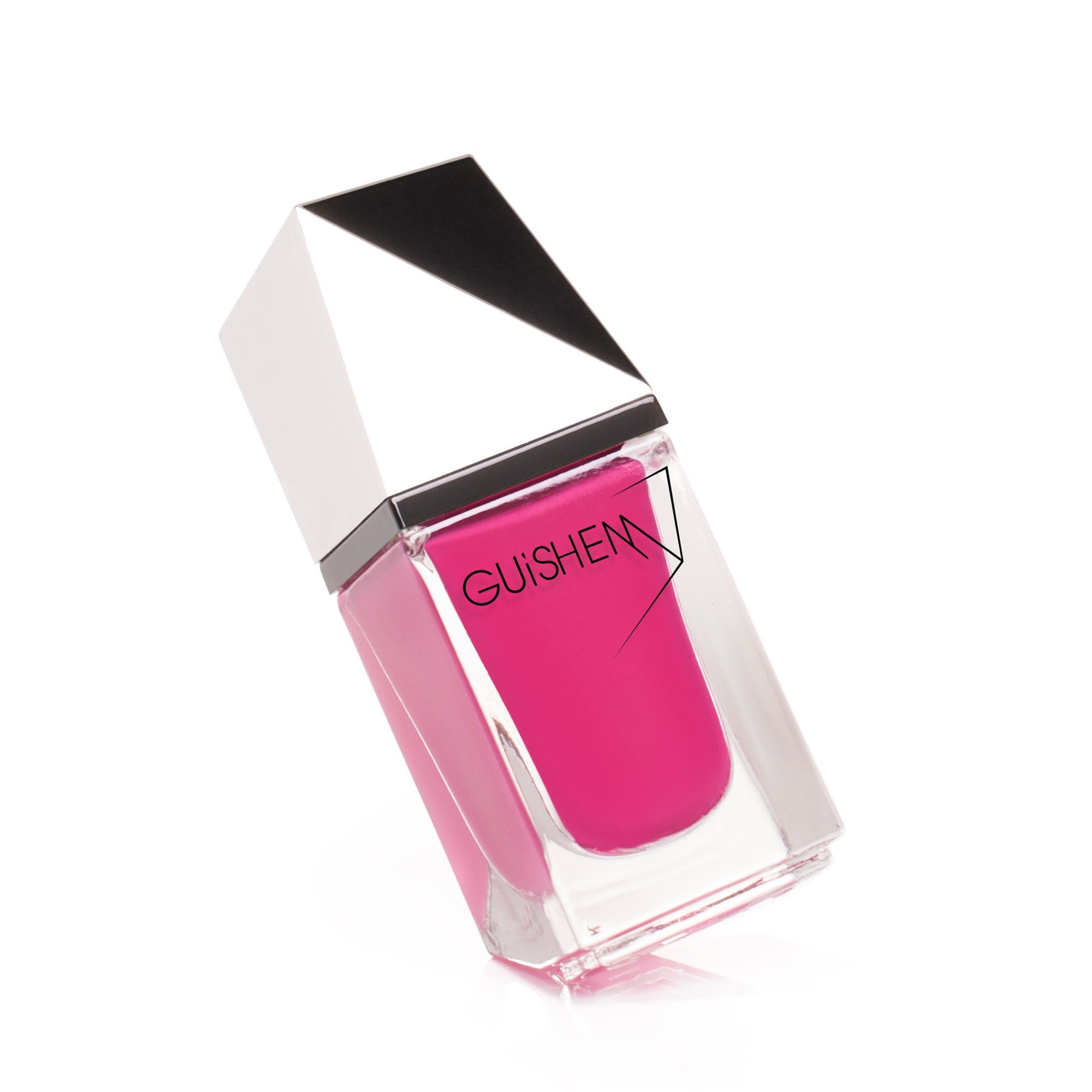 GUiSHEM Premium Nail Lacquer in FIESTA - 002, a vibrant hot pink crème nail polish in a stylish glass bottle with a custom brush.