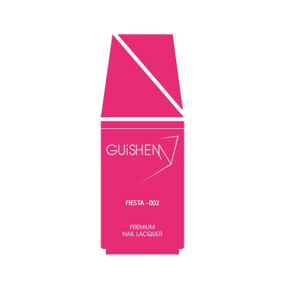 GUiSHEM Premium Nail Lacquer in FIESTA - 002, a vibrant hot pink crème nail polish in a stylish glass bottle with a custom brush.