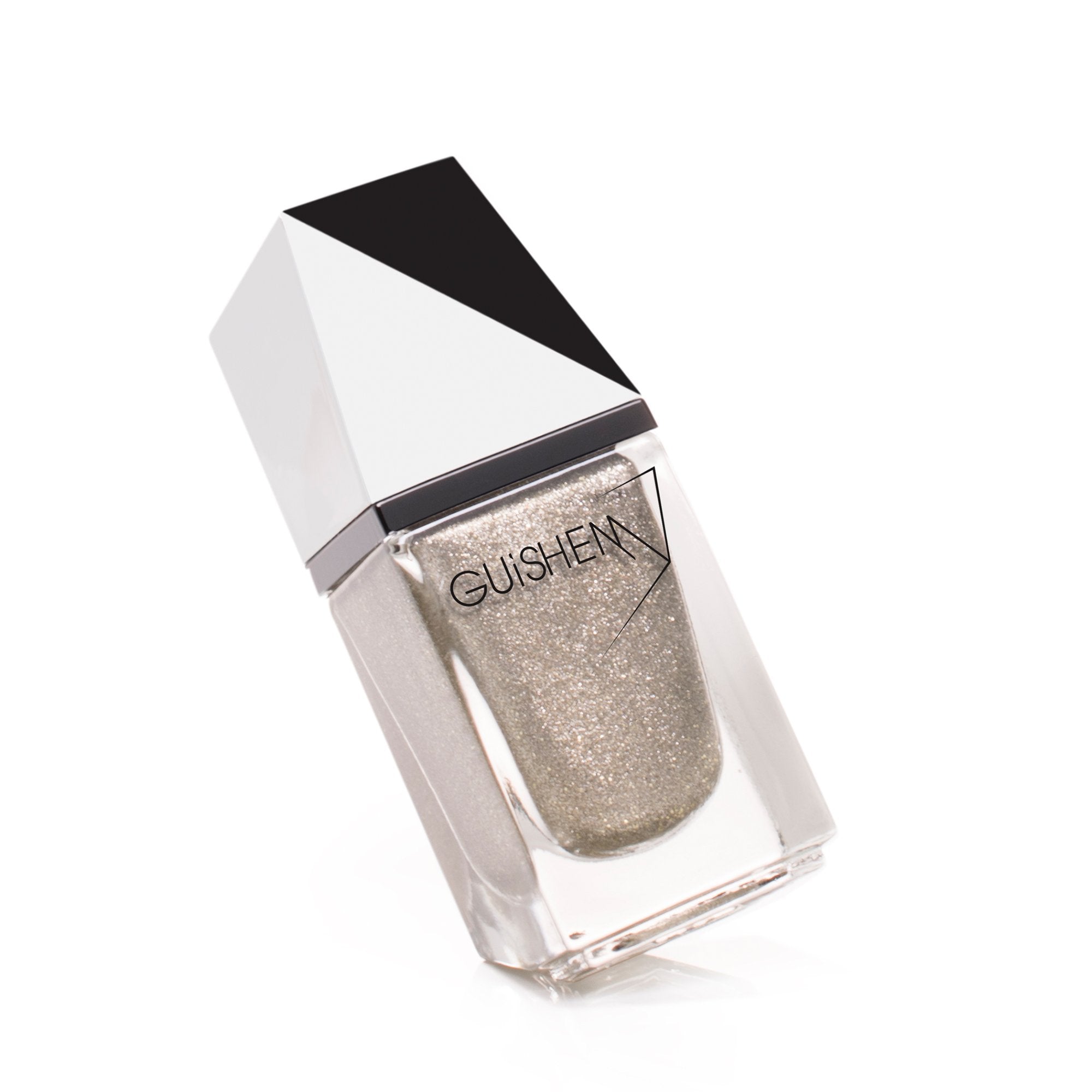 GUiSHEM Premium Nail Lacquer in Frosted Almond - 630, showcasing a light gold sugar effect in a stylish glass bottle.