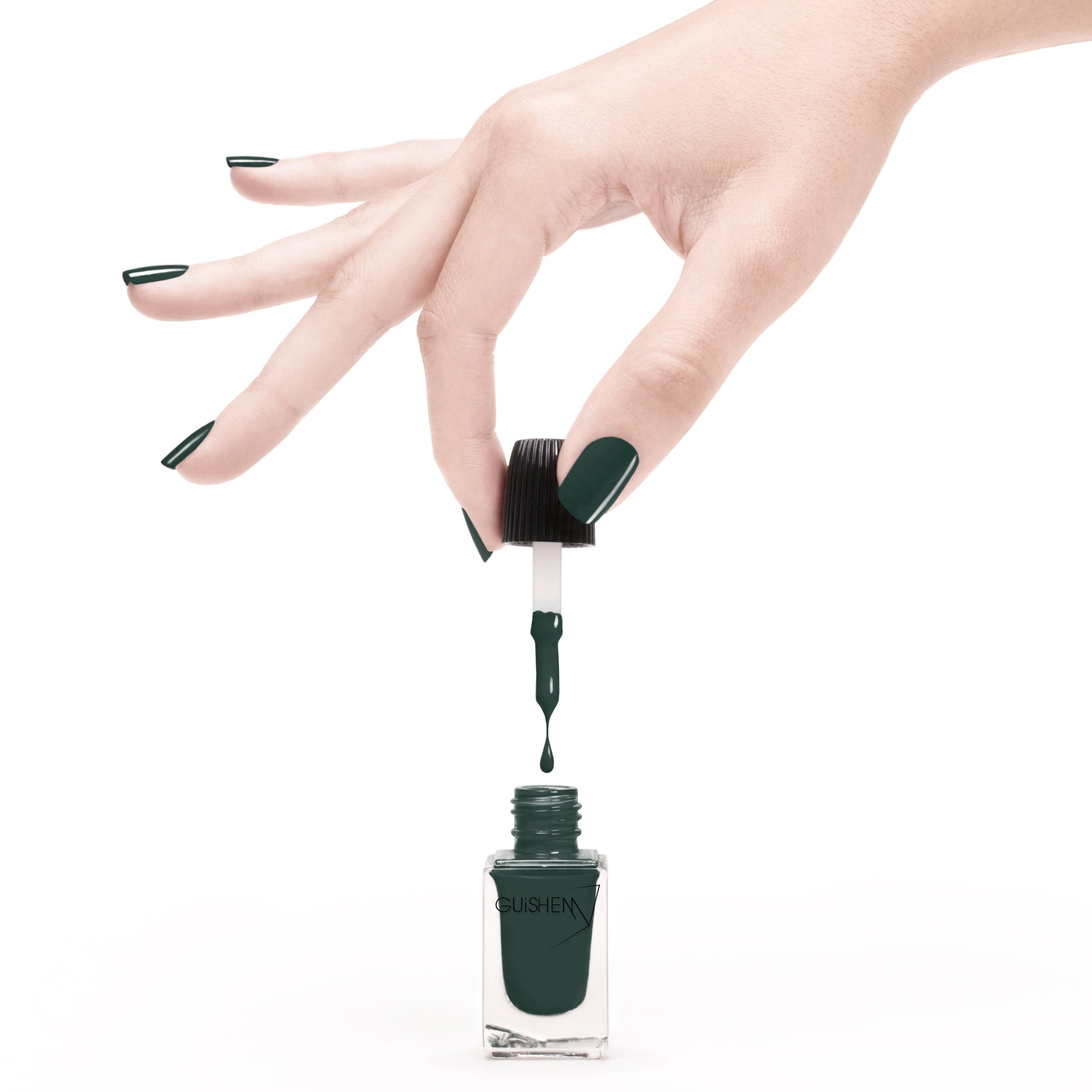 GUiSHEM Premium Nail Lacquer in Lagoon, a teal green crème nail polish in a modern glass bottle with a custom brush applicator.
