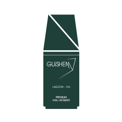GUiSHEM Premium Nail Lacquer in Lagoon, a teal green crème nail polish in a modern glass bottle with a custom brush applicator.