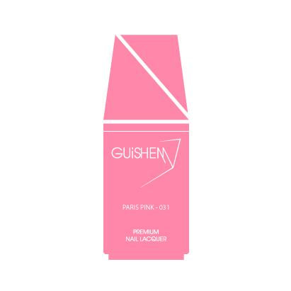 GUiSHEM Premium Nail Lacquer in PARIS PINK, showcasing a bubble gum pink shimmer in a stylish glass bottle with a custom brush.